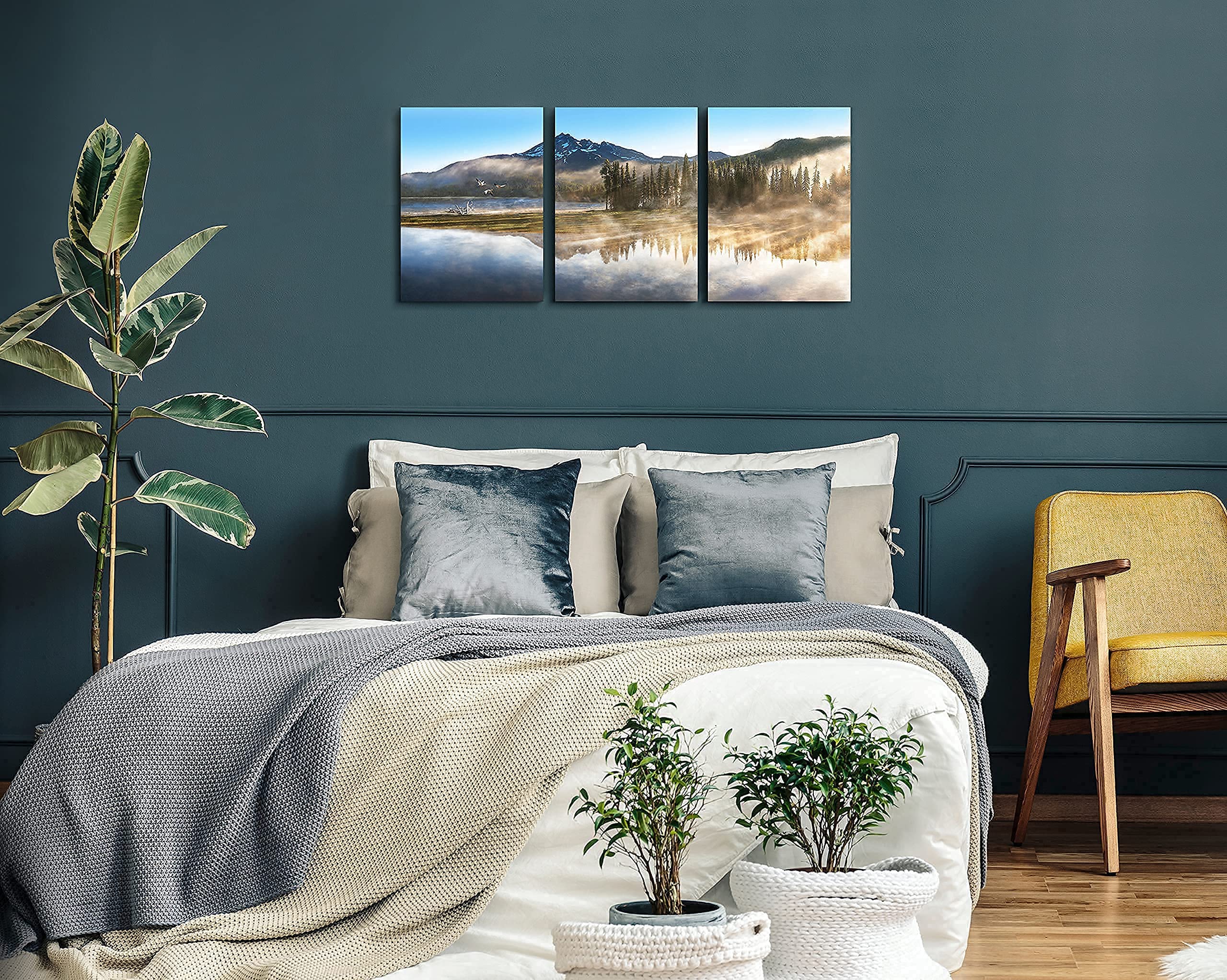 Mountain Canvas Wall Art For Living Room Paintings For Bedroom Wall Art Forest Landscape Art Large Picture Home Nature Wall Decor 3 Piece Wall Art Framed Ready to Hang Artwork, 12x16 inch x3 panels