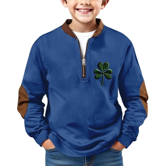 XQYLOS Irish Sweatshirts for Boys St 𝖯atricks Day Pullover Long Sleeve Three Shamroc𝗄 Graphic Shirts Holiday Quarter Zip Tops