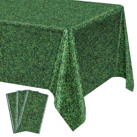 Elcoho 3 Pack Green Grass Tablecloths, 54 x 108 Inch Waterproof Grass Print Party Tablecloth, Disposable Plastic Golf Table Cover for Sports Party Table Decor