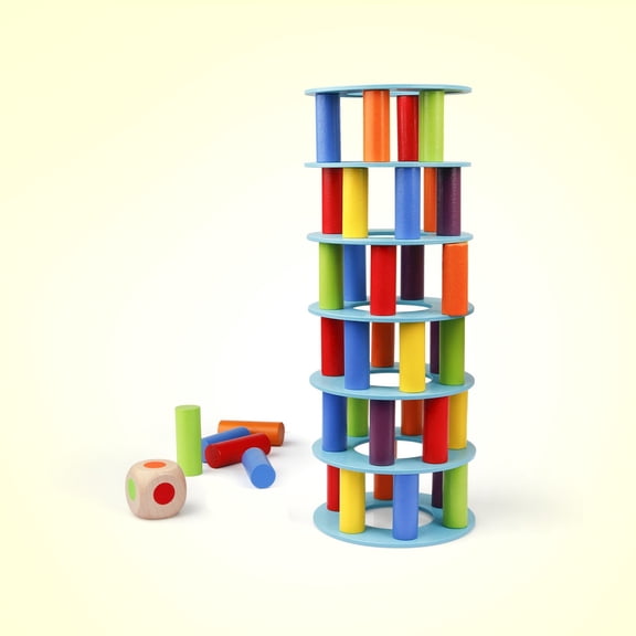 Coogam Wooden Tower Stacking Game, Fine Motor Skill Montessori Building Blocks with Dice Toppling Leaning Tower Toy Party Family Games for Kids and Adults