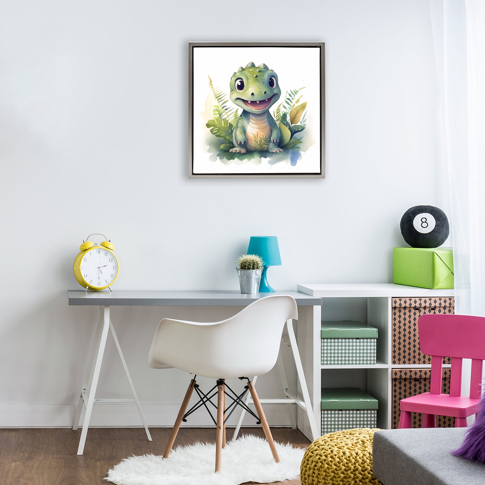 Stupell Industries Crafty Dino & Foliage Gray Framed Floater Canvas Wall Art, design by Steve Hunziker