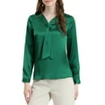 thumbnail image 1 of Camisa de oficina elegante de manga larga con cuello atado para mujer, puños con botón, L Verde oscuro, 1 of 8
