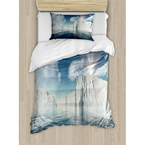 Ice Berg Duvet Cover Set Twin Size, Illustration of Fluffy Clouds and Icebergs on Water with Sunbeams, Decorative 2 Piece Bedding Set with 1 Pillow Sham, Dark Sky Blue Multicolor, by Ambesonne