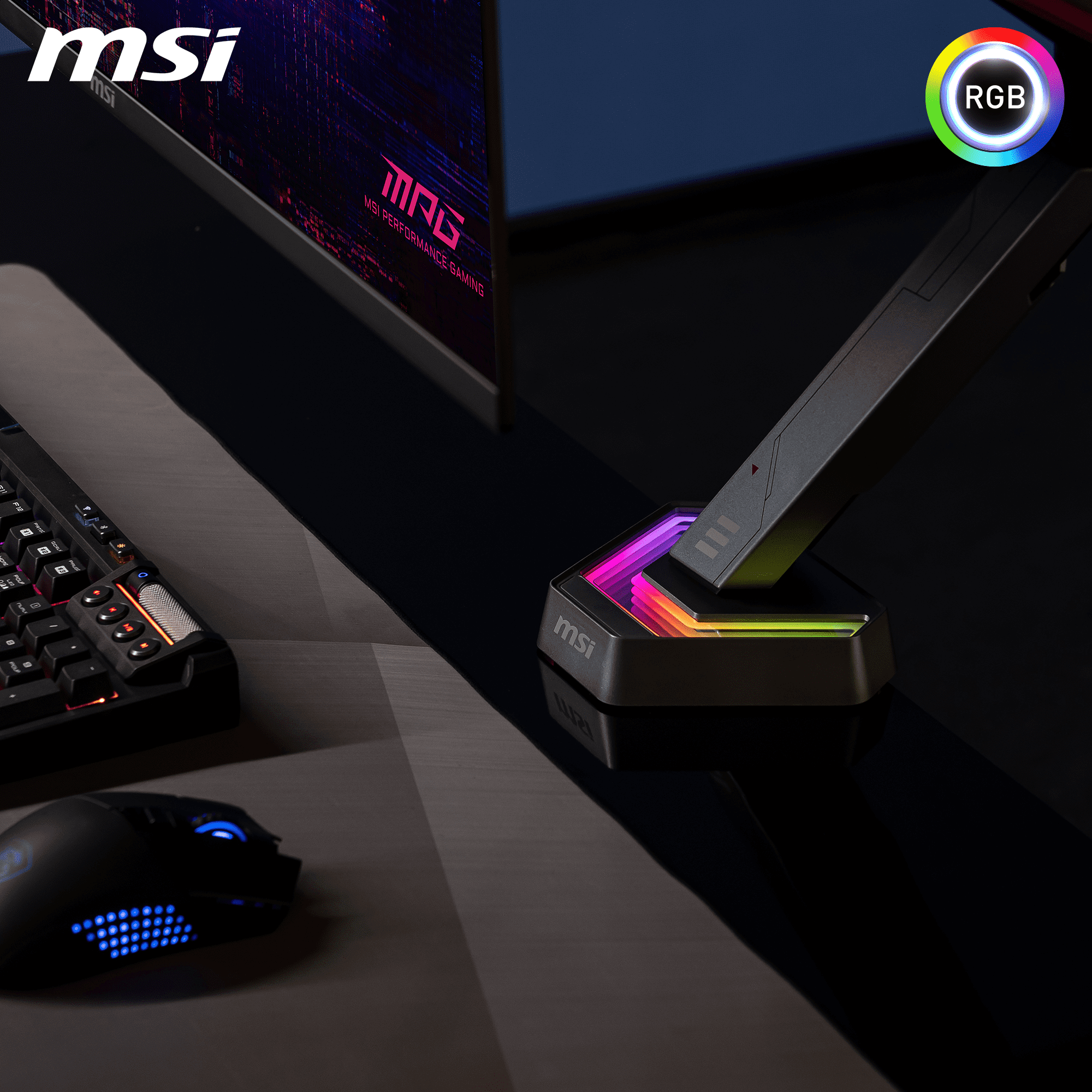 MSI MPG MT161R WMT Single Spring Gaming Monitor Desk Arm, Fully Adjustable Full Motion VESA Mount for up to 17 - 45 inch screen, RGB LED, Tool-free Installation, Clamp & Grommet, Cable Management