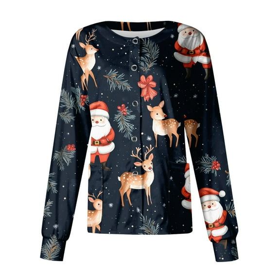 Hearthz Scrub Jackets for Women Plus Size Christmas Long Sleeve Nurses Working Uniforms Snap Front Warm Up Scrubs Top for Women with Pockets