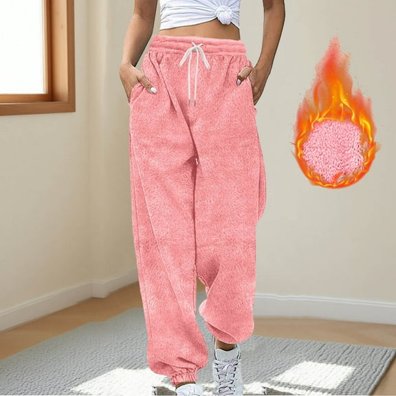 ClodeEU Women's Flannel Sweatpants With Pockets,Elastic Waist Pant With Drawstring ,Fashion Loose Warm Pant Pink,Womens Plus S