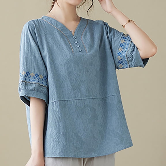 Summer Womens Tops 2025 Cotton and Linen Plus Size Solid Color Button Half V-neck Shirt Short Sleeved V-neck Shirt