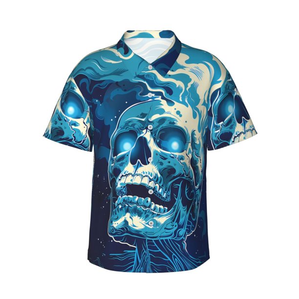 Fotbe Abstract Blue Skull Camisa Hawaiana para Hombre Unisex – Camisa Casual de Verano con Botones de Manga Corta de Algodón y Lino,Medium