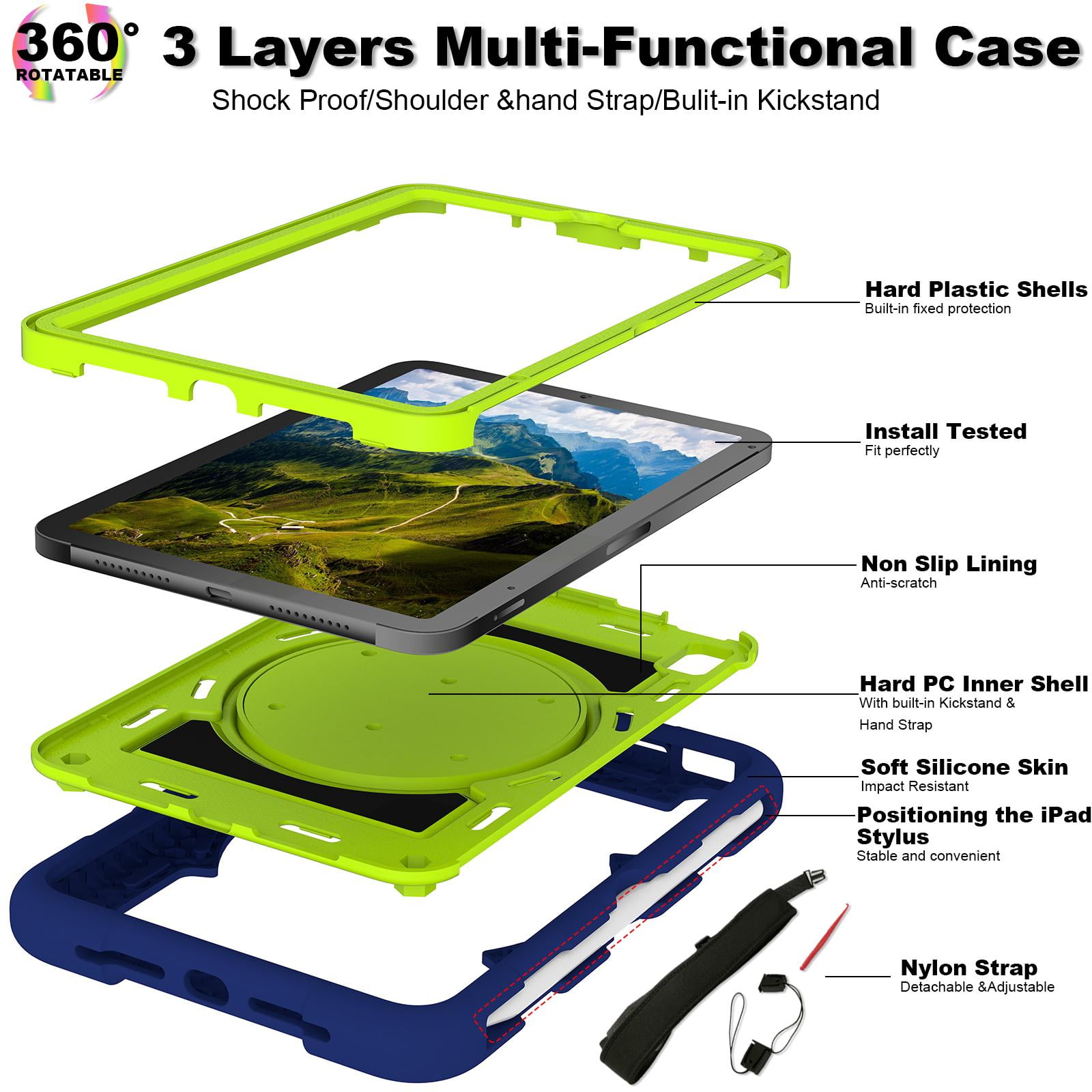 TECH CIRCLE for Apple iPad Mini (A17 Pro/A15) 7th/6th Generation Case 8.3" (2024/2021 Release), Durable Shockproof Protective Back Cover Case with Kickstand /Hand Strap /Shoulder Strap, Navy + Green