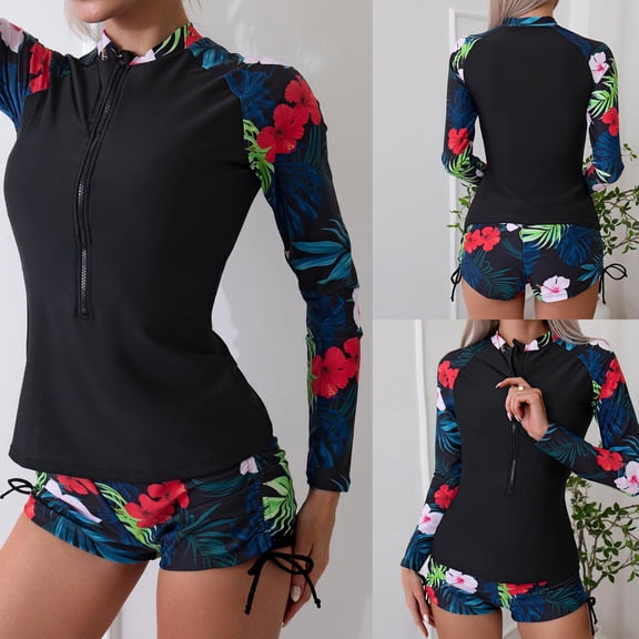 Lcziwo Women Two Piece Rash Guard Long Sleeve UPF 50 Swimwear Tropical Print Casual Swim Shirt with Boyshort Black,M