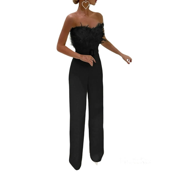 FASHIONWT Women Feather Tube Top Strapless Sexy Fashion Jumpsuit