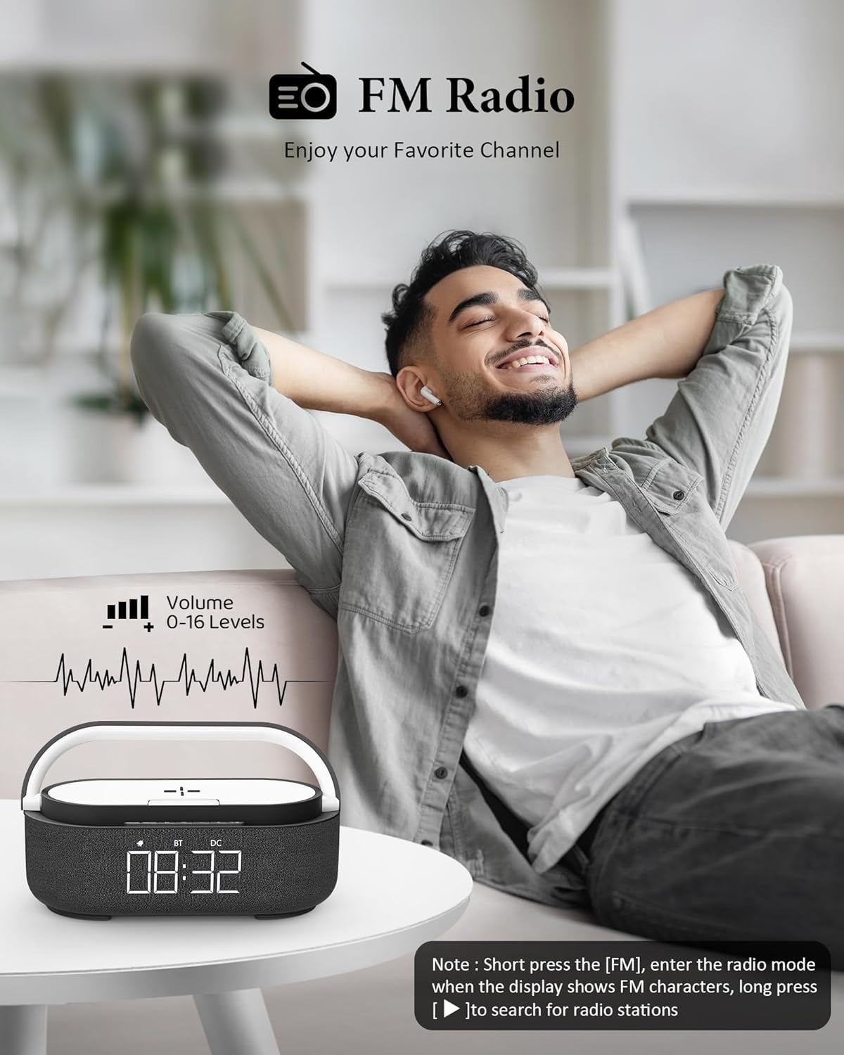 FreeFish Bluetooth Speaker Alarm Clock with Wireless Charger, LED Night Light, 2500mAh Battery - For Bedroom, Home + 18W Adapter Black