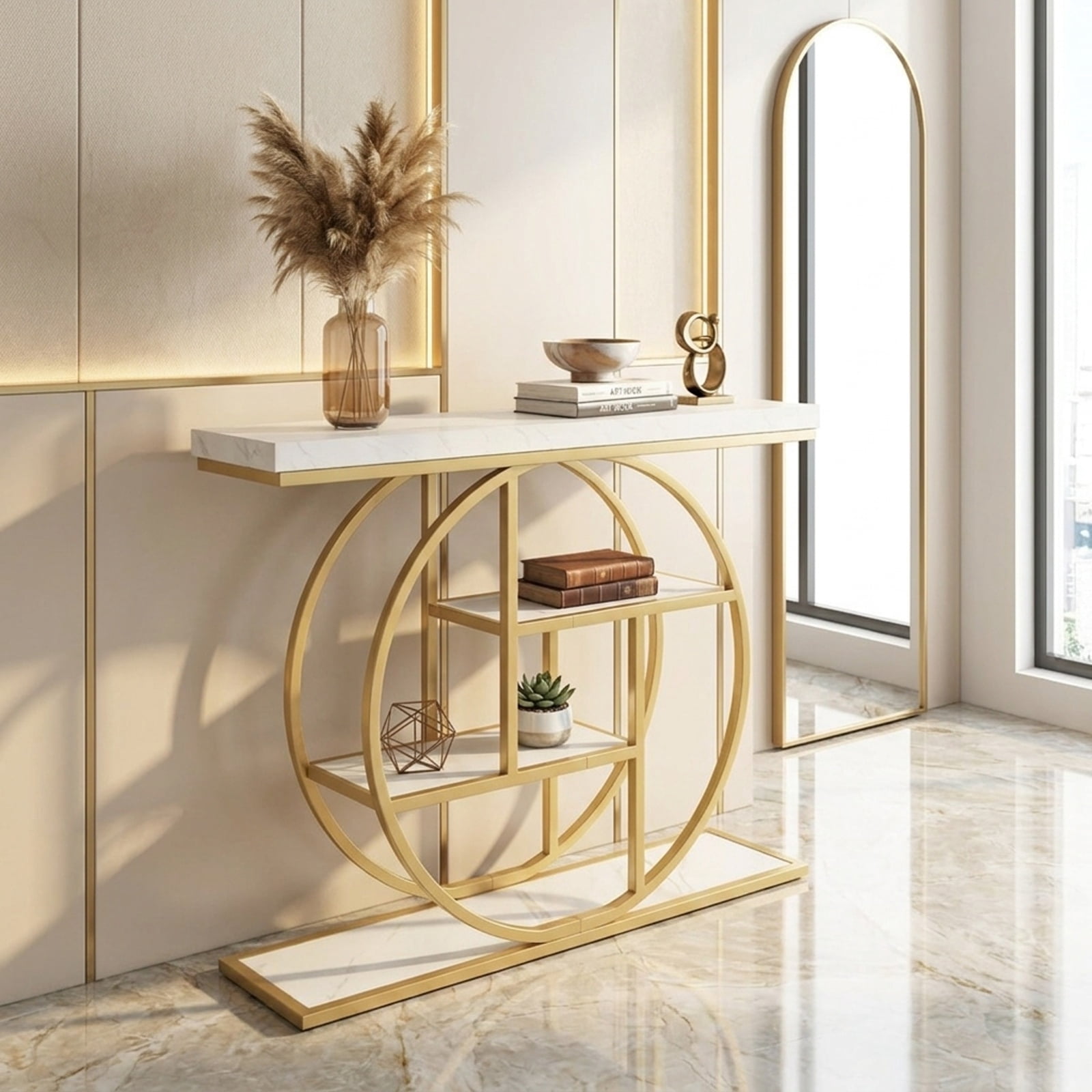 Furnibear 41 Inch 4-Tier Console Table with Storage Shelves and O-Shaped Metal Frame for Entryway Hallway Living Room and Behind Sofa, White