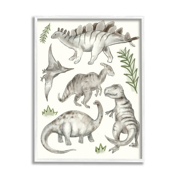Stupell Industries Playful Grey Dinosaurs Minimal Green Leafy Plants, 24 x 30, Designed by Daphne Polselli