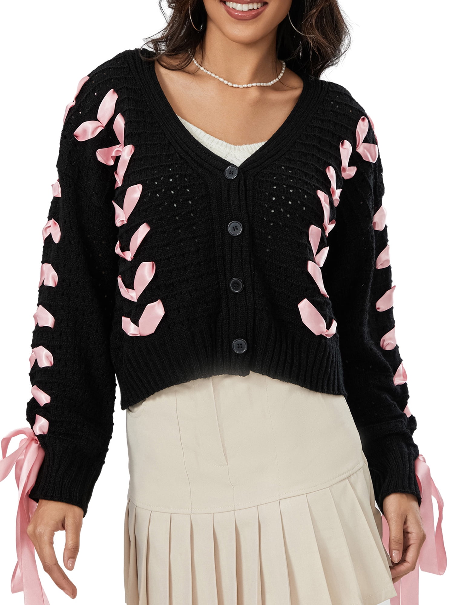 Gupgi Women Knit Cardigan Long Sleeve V-Neck Ribbon Tie Up Bow