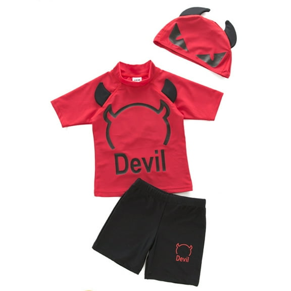 Styles I Love Kid Boy Devil Rash Guard and Shorts Swimsuit with Hat 3pcs Set Bathing Suit Beach Pool Swimwear (4/3-4 Years)