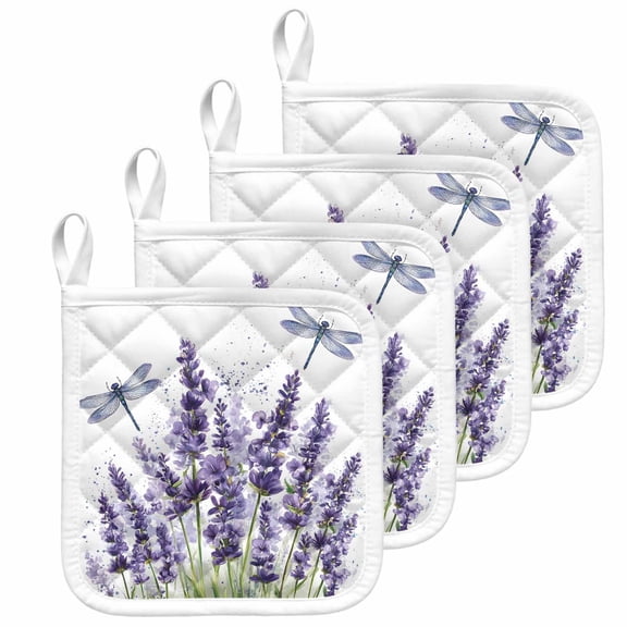 Purple Lavender Pot Holders for Kitchen Heatproof Potholder, 4 Pack Pastoral Botanical Floral Dragonfly Hot Pads Multipurpose Oven Pads Cloth Potholders Trivet for Cooking and Baking