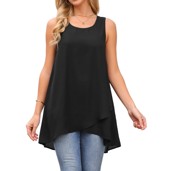 DARING DIVA Women's High Low Casual Sleeveless Chiffon Blouse Asymmetrical S Black
