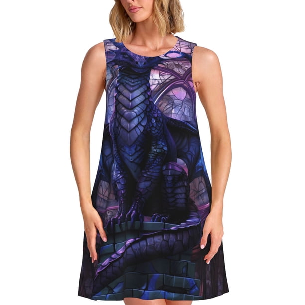 Easygdp Fantasy Dragon In Cathedral para Vestido Transpirable de Mujer, Vestido Suelto de Manga Corta con Pliegues y Bolsillos para el Verano
