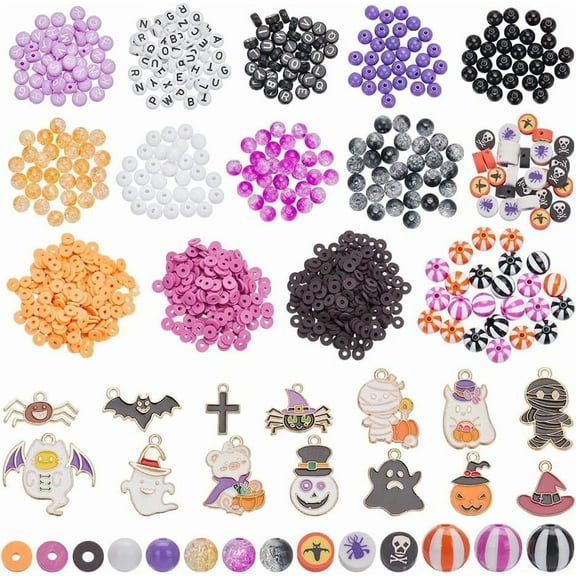about 1088 Pcs Halloween Theme Beads Charms Kit Purple Orange Pumpkin Ghost Skull Witch Hat Enamel Pendants Acrylic Letter Strip Beads Disc Beads for Necklace Jewelry Making