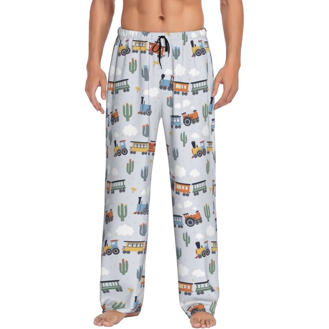 Kdxio Trains And Cactuse Pattern Men's Pajama Pants, Elastic Waist with Drawstring and Pockets, Comfortable Loungewear-Large