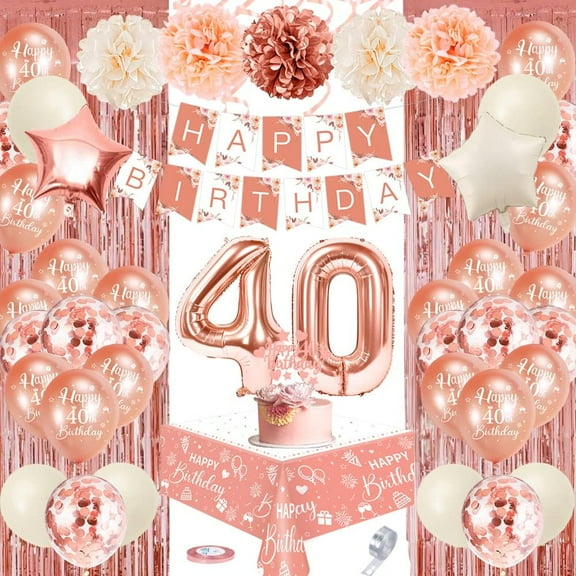 40th Birthday Decorations for Women, Rose Gold 40th Birthday Balloons with Happy Birthday Banner Tablecloth Curtain Pompom Confetti Balloons, Foil 40 Balloon