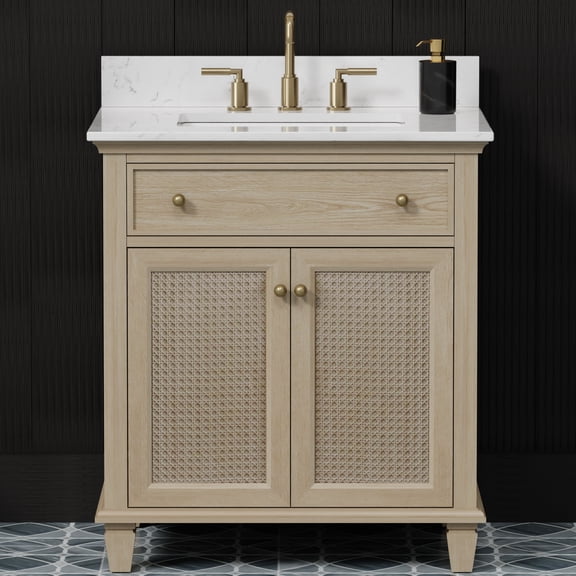 Ronnie 30" Single Bathroom Vanity, 31" W x 22" D x 34.5" H, Carrara White Quartz Top with Sink & Backsplash, Light Oak, Solid Wood, Pre-Assembled, 1 Drawer, 2 Doors, Adjustable Feet.