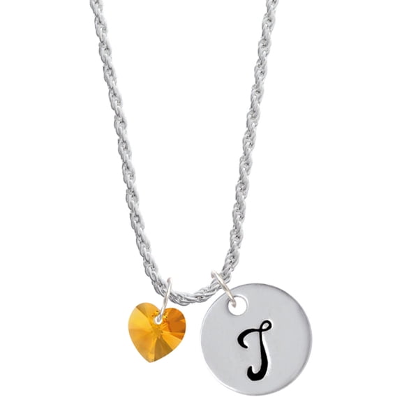 Delight Jewelry Yellow Crystal Heart Silvertone Script Initial Disc - T - Charm Necklace, 20"+3"