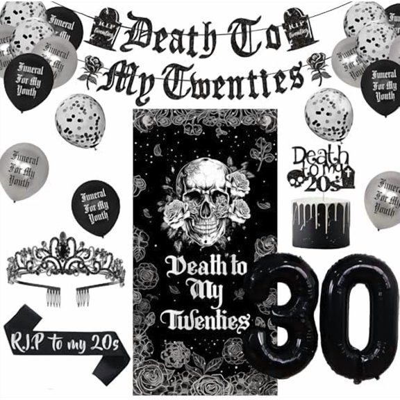 Death to My 20s Decorations for Her or Him, Death to My Twenties Backdrop, Banner, Sash, Cake Topper and Balloons for 30th BirthdayDecorations, Dirty 30 Year Old Birthday Party Supplies