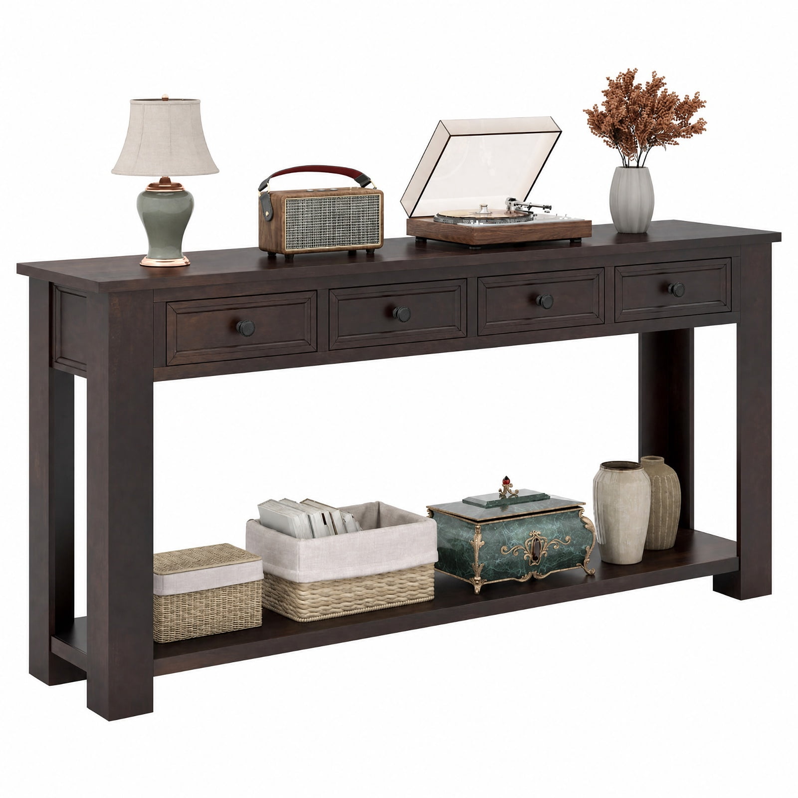 Furnibear 63 Inch Farmhouse Entryway Table Long Console Table with 4 Storage Drawers and Open Shelf for Living Room Hallway Sofa, Espresso