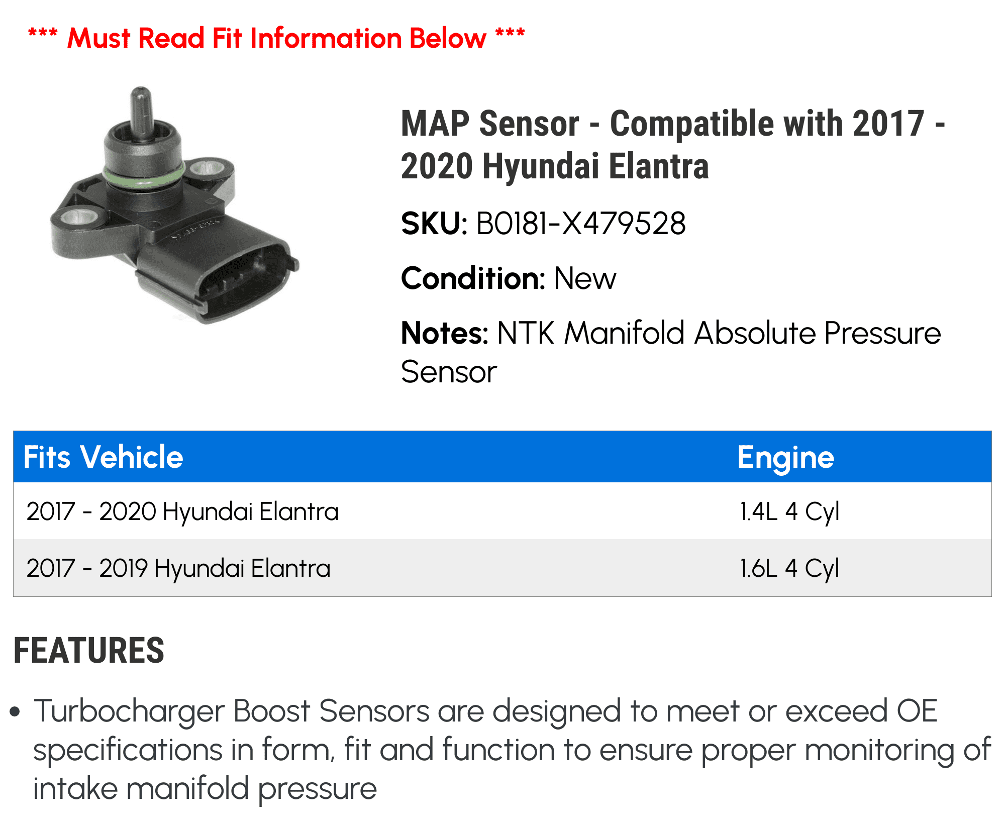 MAP Sensor - Compatible with 2017 - 2020 Hyundai Elantra 2018 2019