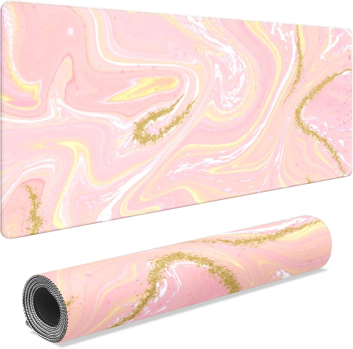 Beauty Pink Gold Sparkling Marble Desk Mat, Desk Accessory, Cute Workspace, Trendy Workspace, Trendy, 35.4x15.7in Large Gaming Mouse Pad, Cute Desk Topper, Pretty Desk Pad