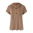 thumbnail image 4 of Tiweut Blouses Women Tops Short Sleeve Summer Loose Fit Solid Color Drawstring V Neck Button Hoodie Lady Tees Brown, 4 of 5