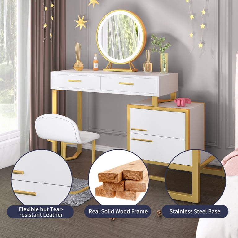 MUZZ Vanity Table Set with 3 Color LED Lighted Mirror and Stool, Makeup Vanity  Dressing Table, 4 Drawers and Storage Shelves for Bedroom, Gold Vanity Desk  for Women Girls(Normal/White) - Walmart.com