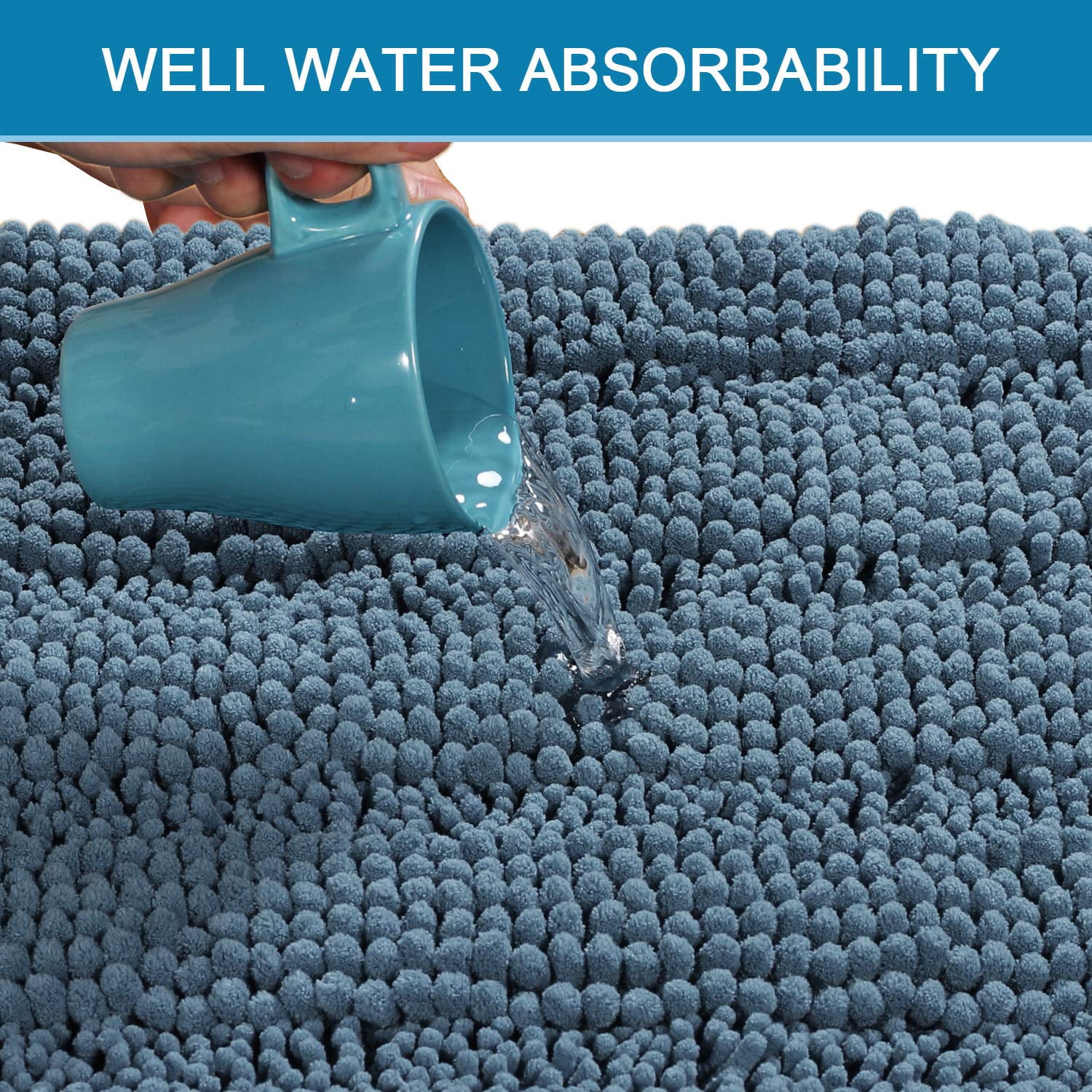 PrimeBeau Thick Chenille Striped Bath Rug Set, Non Slip(32 x 20 Plus 24 x 17 inch), Stone Blue Color