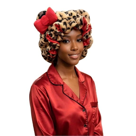 Leopard Print Teddy Bonnet, Double Layer Satin Lined Sleep Bonnet, Adjustable No Frizz Cap, Helps Reduce Breakage & Thinning(Q)
