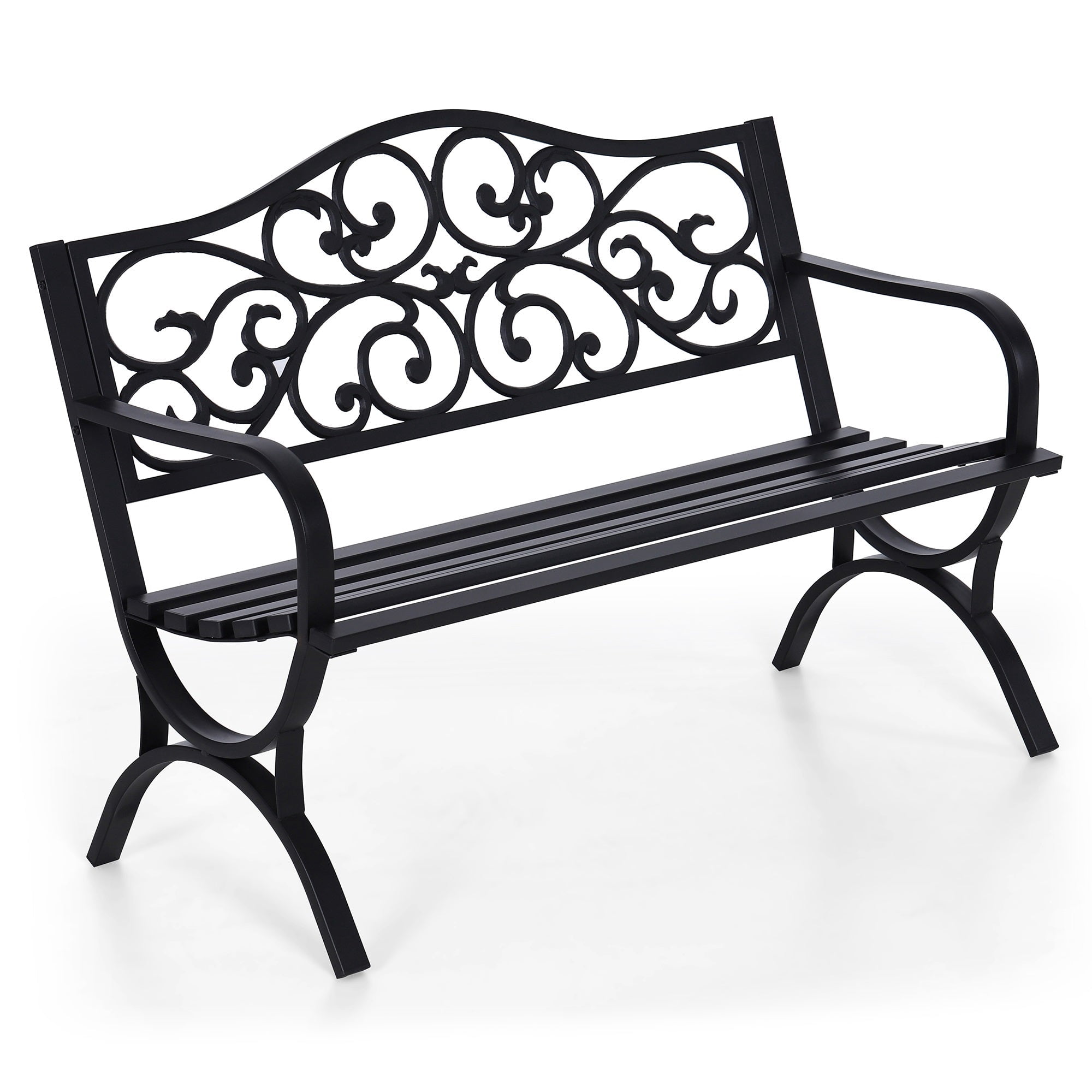 50" Outdoor Garden Bench Chairs, Cast Iron Metal Frame Patio Park Bench, Black