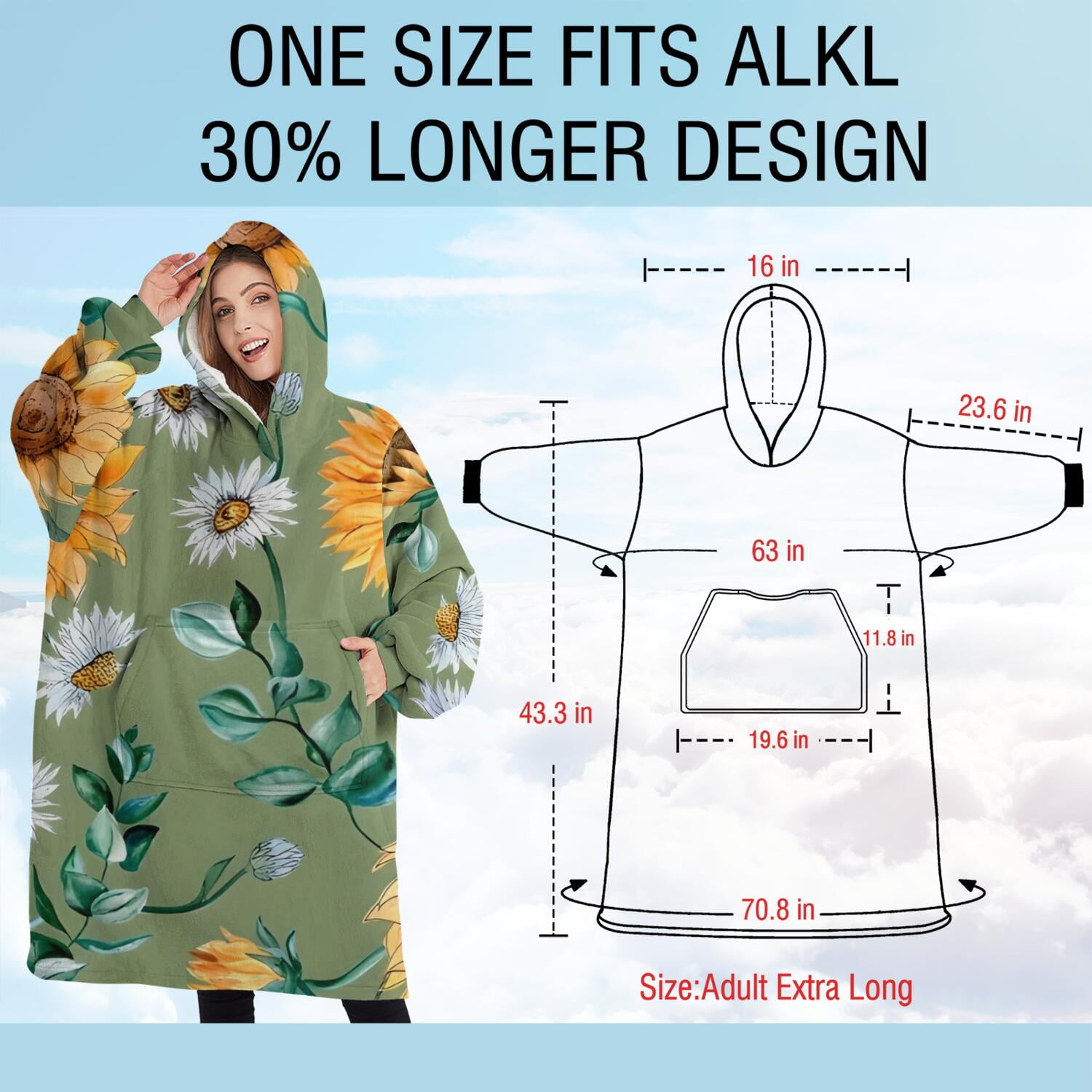 Oversized Wearable Blanket Hoodie,Green White Daisy Sunflower Pattern Sherpa Blanket Hoodie with Super Pockets,Super Warm Fuzzy Pullover for Women & Men