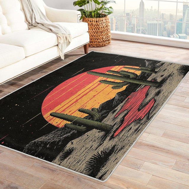 Cactus Rugs for Bedroom - 4x5 Rug - Cactus Rug - Cacti Tropical Plant Area Rug - Western Desert Sunset Rugs - Wild West Carpet