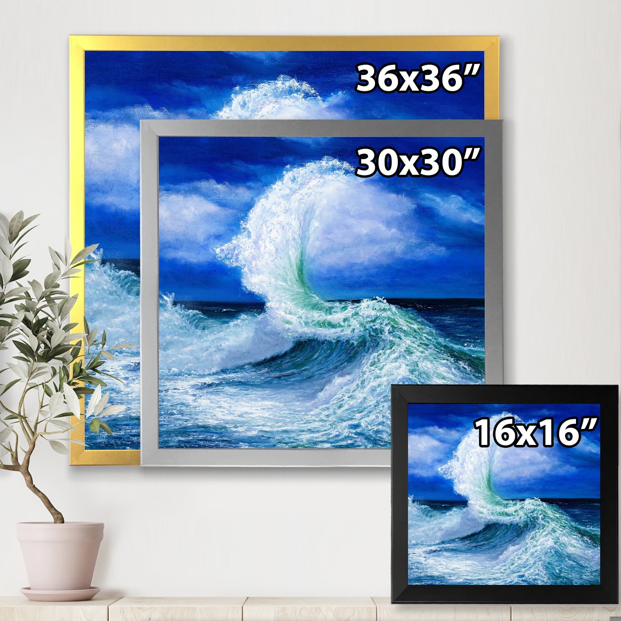 Waves Breaking During Wild Blue Ocean Tide 30 in x 30 in Framed Painting Canvas Art Print, by Designart