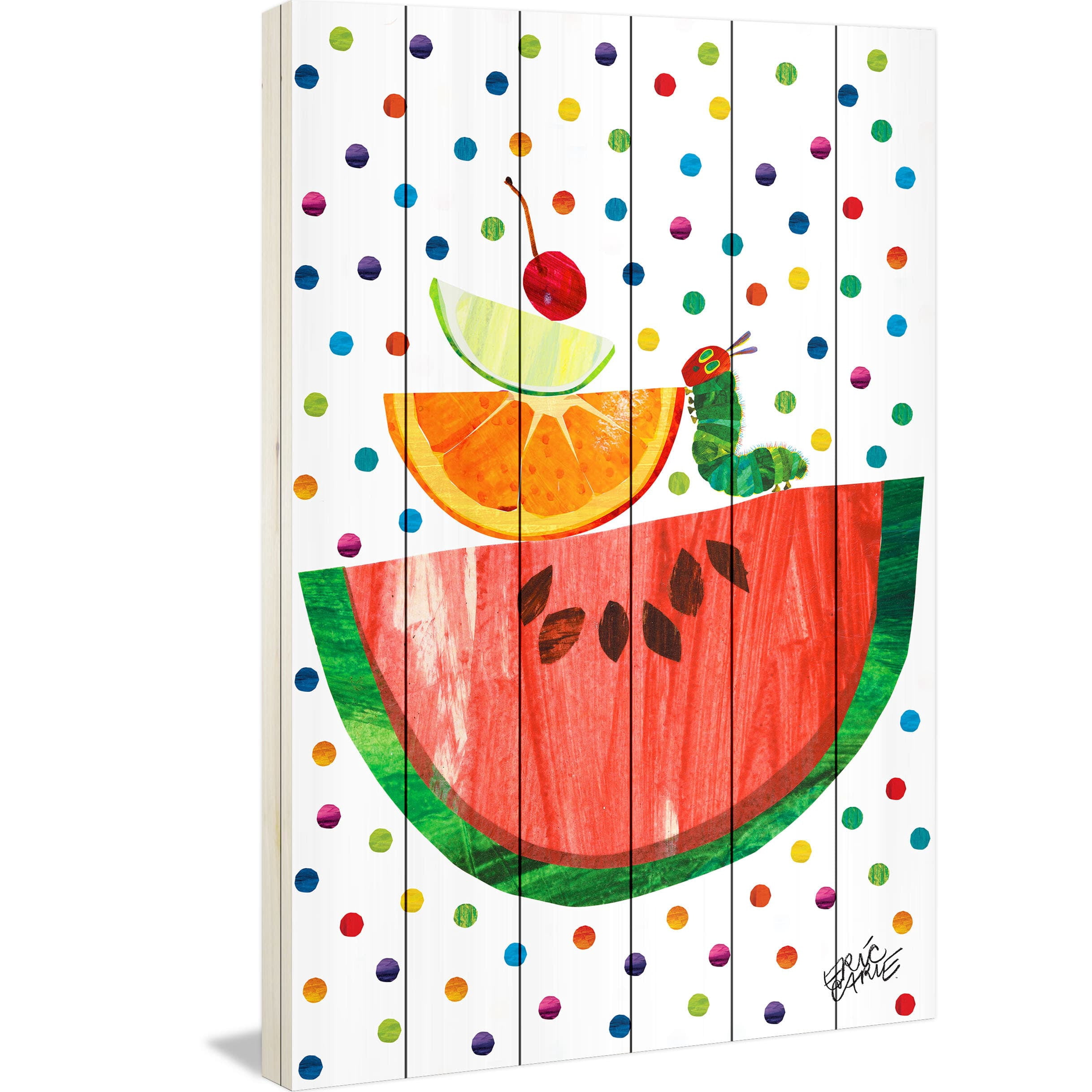 Watermelon and Caterpillar Art Print on White Pine Wood