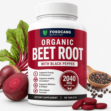 FOSOCANG Organic Beet Root Supplements 2040mg with Black Pepper - Energy, Endurance & Healthy Circulation Support - Plant-Based Vitality Tablets, 90 Count