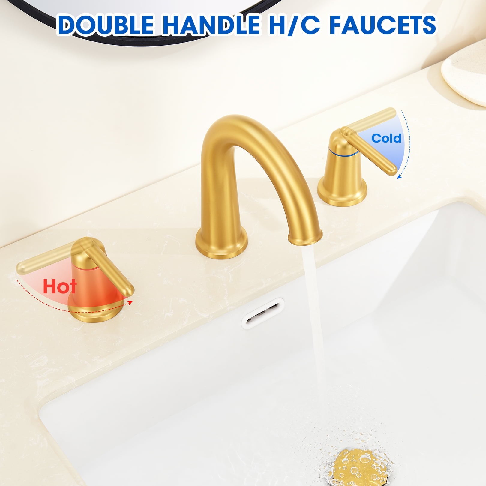 Wowkk Sanitary Ware Brass Bathroom Sink Faucet 2 Handles Widespread Bathroom Faucet 3 Hole, Pop-Up Drain and cUPC Supply Lines Included, Basin Faucets for Vanity Rv Restroom, Brushed Gold