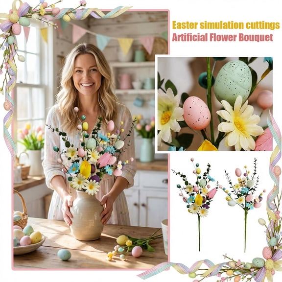 2PCS 17.32in Artificial Easter Egg Flower Pick with Daisy and Eucalyptus Leaves for Spring Centerpiece, Easter Decorations Floral Stem for Easter Basket and Home Decor
