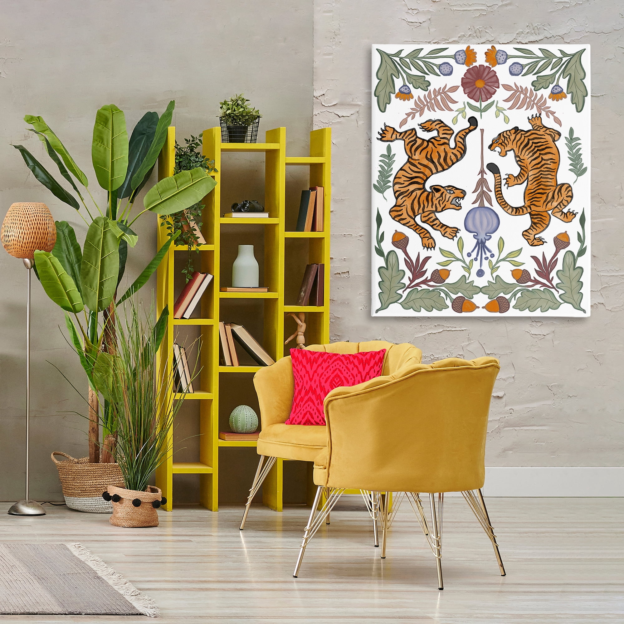 Stupell Industries Mirrored Plants with Tigers Animals Painting Wrapped Canvas Art Print Wall Art, 36 x 48