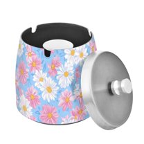 Yayeee Ashtray with Lid for Cigarette Smokeless Stainless Steel Home Ash Holder, Pink Daisy