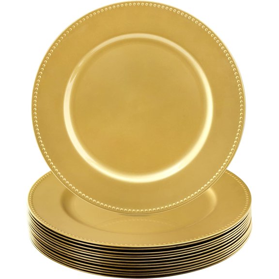 12 Pack Gold Charger Plates 13 Inch Round Beaded Plastic Dinner Chargers, Decorative Serving Plates for Wedding, Party, Catering and Tabletop Decor