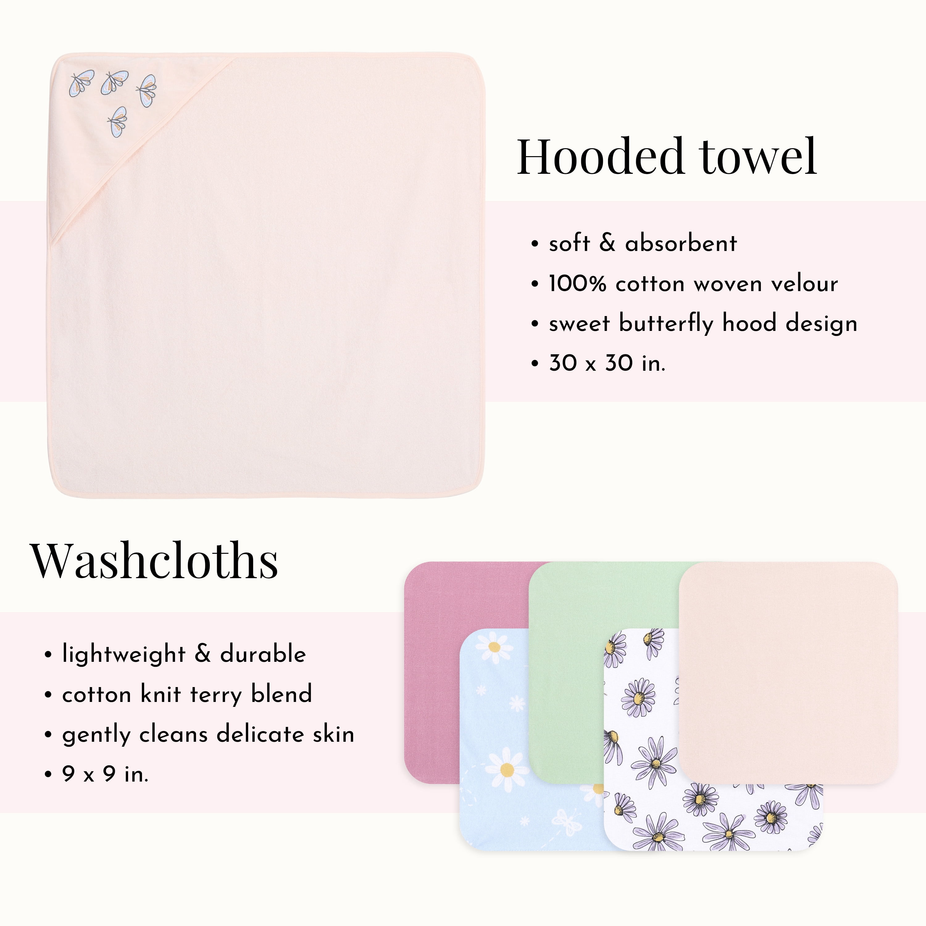 Evolur Secret Garden 6 pc Gift Set - Hooded Towel & 5pc Wash Cloths, Garden Print
