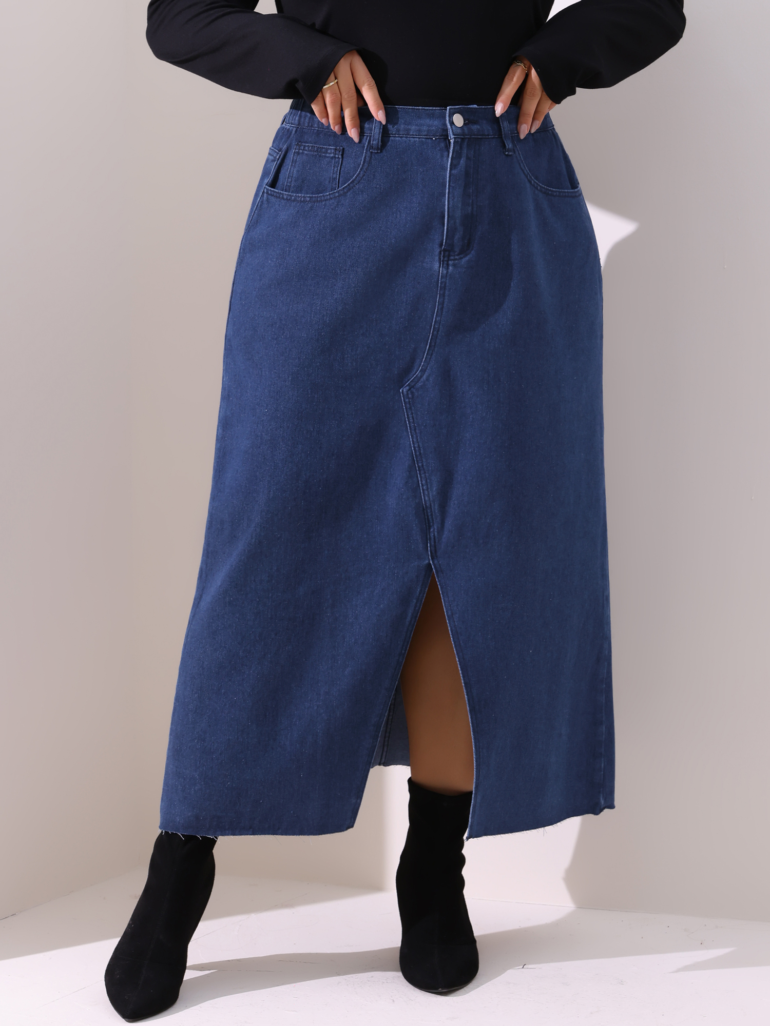 DARING DIVA Women's Plus Denim Maxi Skirt with Frayed Raw Hem 4X Dark Blue