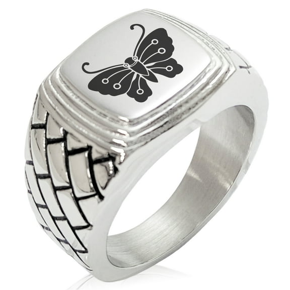 Stainless Steel Kawari Kocho Butterfly Kamon Crest Geometric Pattern Step-Down Biker Style Polished Ring